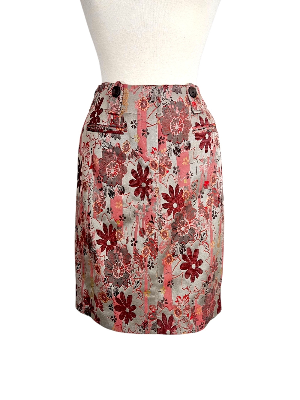 Etcetera Red & Silver Jacquard Floral Pattern Pencil Skirt